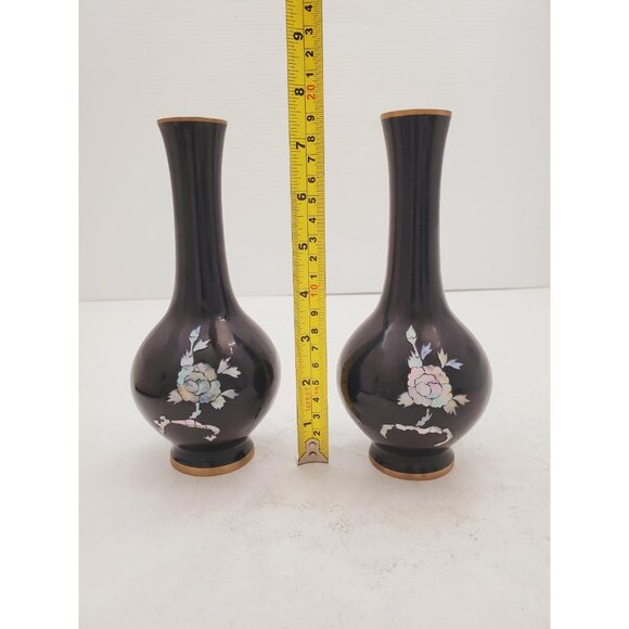 Vintage Black Enameled Bronze Vase with Pearl Decoration, Black Lacquer Painted - Picture 5 of 10